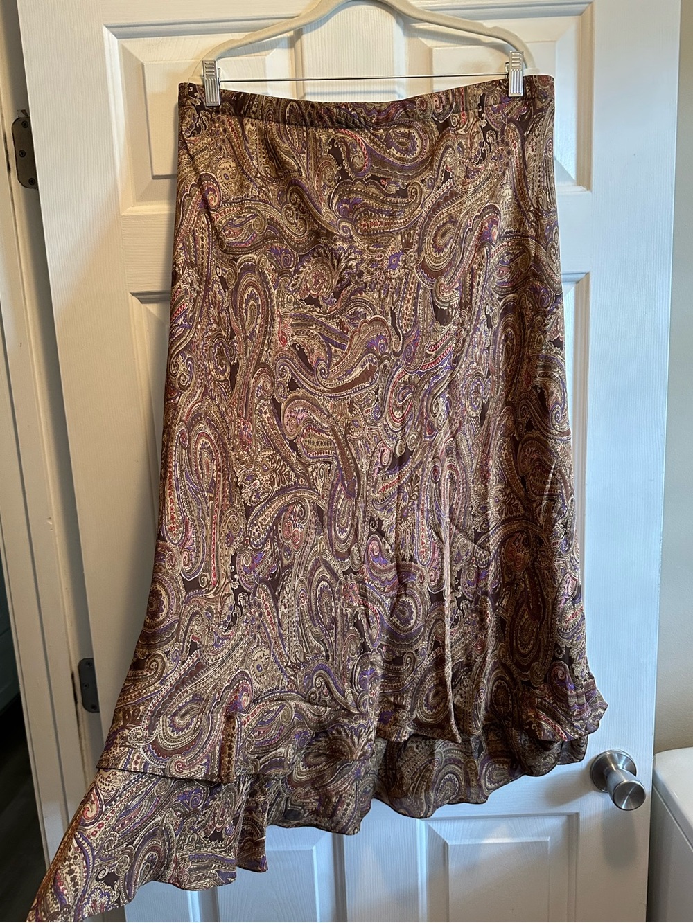 90s VTG Brown Paisley Silk Ruffle Midi Skirt 18W Moody Fairy Grunge Whimsigoth